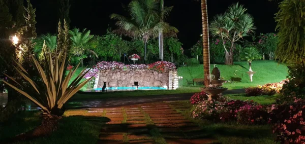 Piscina e jardim da entrada Amorim Garden Eventos
